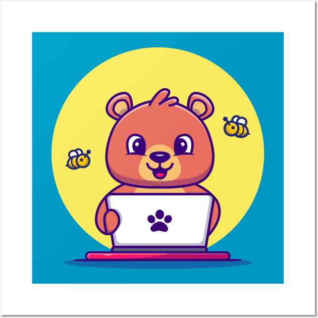 Cute Honey Bear Operating Laptop Wall Art by Catalyst Labs